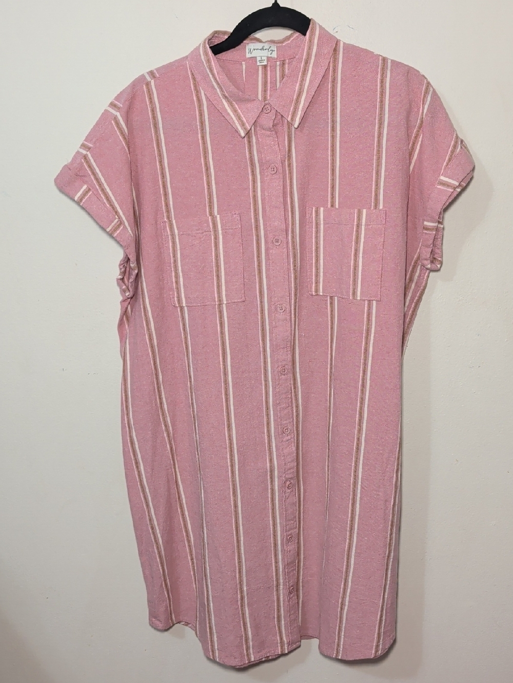 Wonderly Striped Button-Front Shirt Dress Pink Cream 100% Cotton Women's Size L